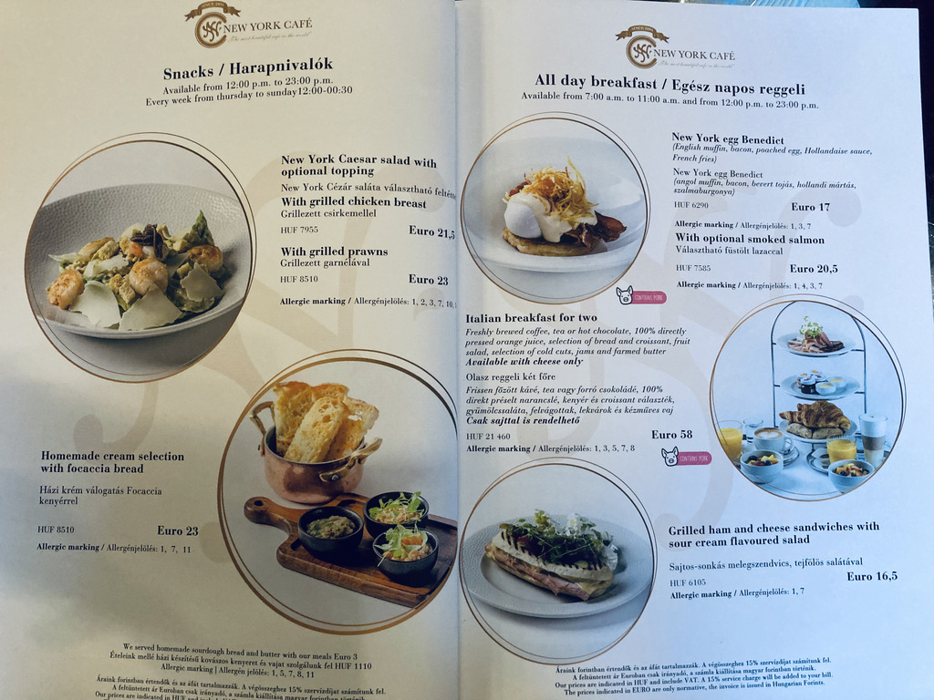 Menü a New York Caféban